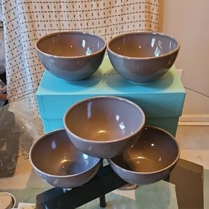 Pottery Barn Set of Five Gray Ribbed Texture Ceramic Bowls